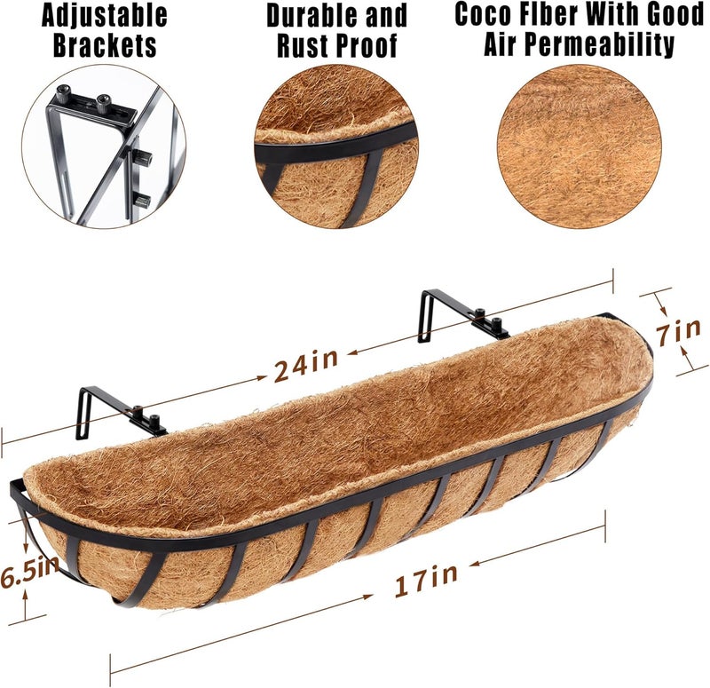 YM Window Boxes Horse Trough with Coconut Coir Liner, 24 Inch Window Deck with Coco Liner, Fence Metal Hanging Flower Planter Basket Deck Railing Planter Boxes (24in 4P) - Image 4